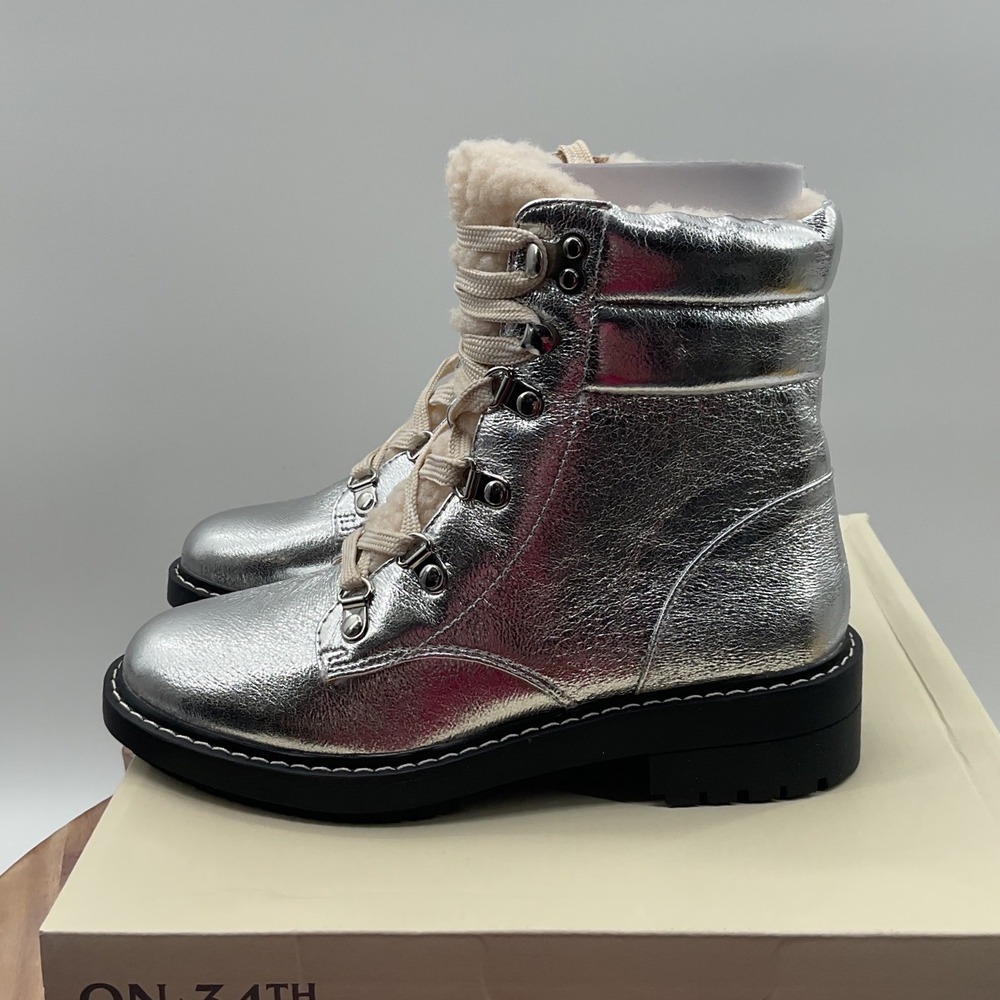 On 34th Womens Silver Metallic Faux Shearling Combat Hiker Boots 7.5M New